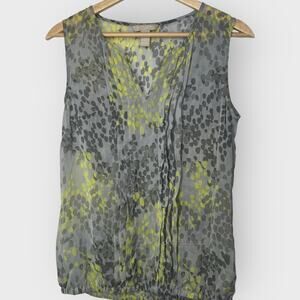 Banana Republic S Gray Green Ruched Blouse V-Neck Sleeveless Abstract Print Top